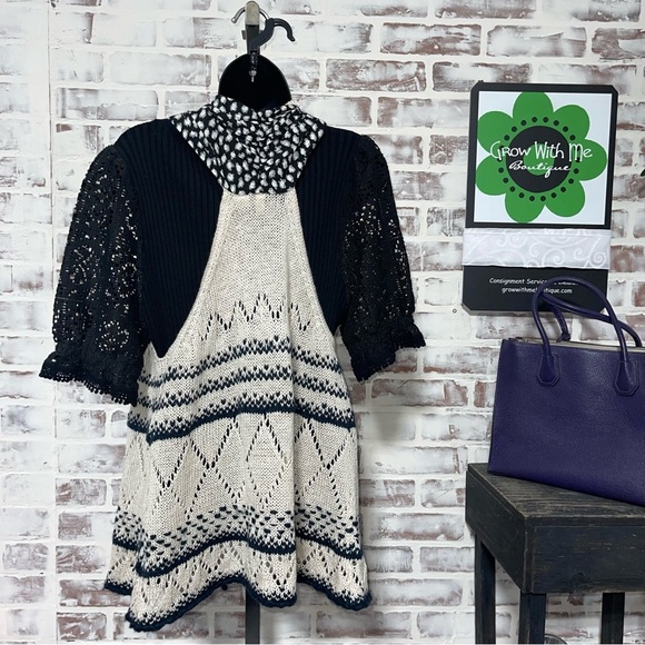 Moth Black and Cream Cardigan with Geometric patchwork Patterns - Picture 2 of 7